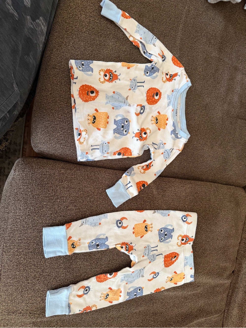 Kids Monster Print Pajama Set in Cream and Blue